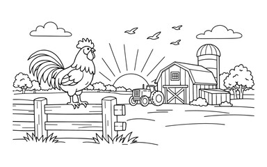 Naklejka premium Rooster crows at sunrise on a farm with a tractor and barn