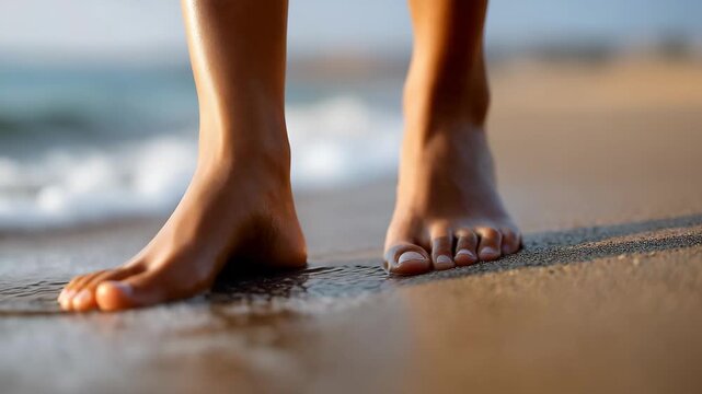 Serenity walk: barefoot stroll on the sandy shoreline with gentle waves