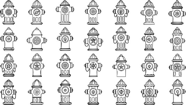 Collection of 35 diverse fire hydrant vector outlines. Set of black and white line art icons and symbols, illustrating various styles for emergency and urban design projects.