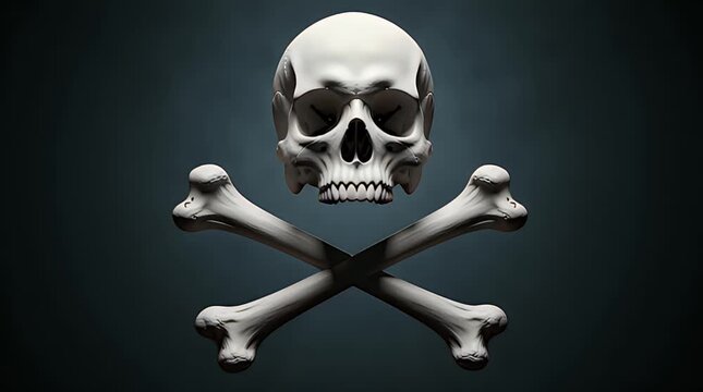 A realistic 3d rendering of a stark white human skull positioned above two crossed femur bones against a dark moody background symbolizing danger.
