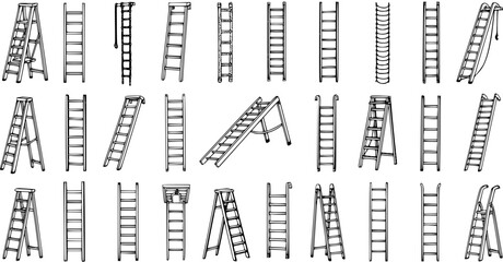 Hand-drawn collection of various types of ladders and stepladders, a set of isolated monochrome sketches representing equipment for construction, repair, and access. © victoria
