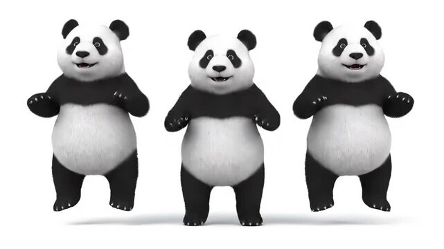 Three pandas, dancing, jumping, cartoon style, animal behavior, adorable, happy, wildlife, cubs, playful, isolated on white background.