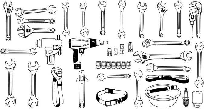 Hand-drawn illustration set of various mechanic and repair tools, including wrenches, sockets, power drills, and accessories, perfect for automotive and maintenance projects.