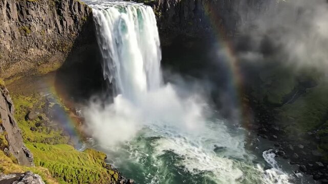 A waterfall cascades into a misty pool with a rainbow.
