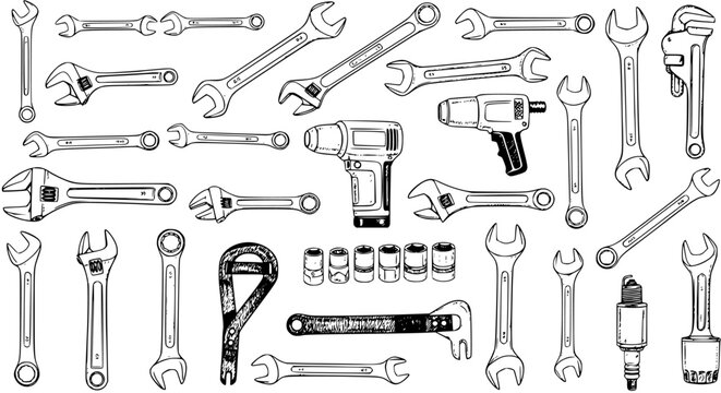 Hand-Drawn Mechanics Tool Set Illustration: Variety of Wrenches, Spanners, Adjustable Wrenches, Sockets, Impact Wrench, and Drill for Workshop and Auto Repair.
