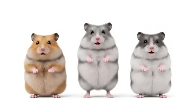 Three cute hamsters standing. Pets posing against a white background. Funny rodents in studio shot. Animals portrait, realistic, happy, home, curious.
