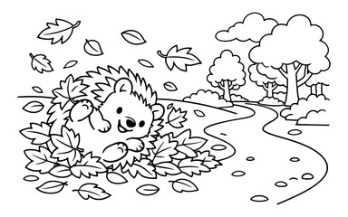 Fototapeta premium Cute cartoon hedgehog playing in autumn leaves on a path through the woods