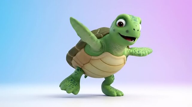 Dancing turtle cartoon 3D render with bright color background. Cheerful reptile is happy, isolated, and celebrates while performing a silly dance