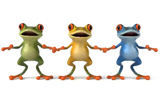 Three playful cartoon frogs holding hands joyfully against a bright background. Rendered, friendly. Unity, togetherness, cooperation, animation.
