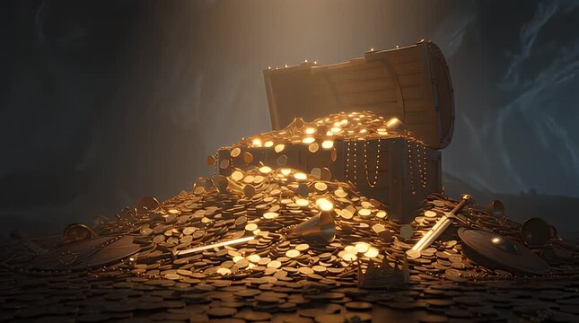 An ancient wooden treasure chest overflows with shimmering gold coins, precious jewels, and valuable artifacts, dramatically illuminated by a mysterious golden light in a dark&nbsp;