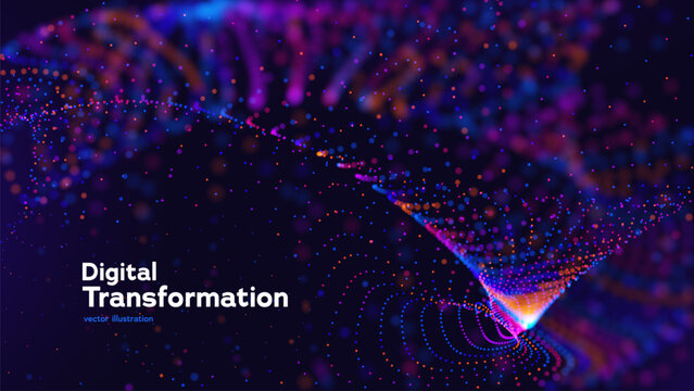 Digital Transformation Abstract Background With Glowing Particle Funnel And Data Flow Waves. Futuristic Technology Big Data Visualization. Digital Transformations And Data Streams. Vector Illustration