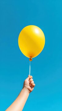 Vibrant yellow balloon held against clear blue sky in threeframe sequence
