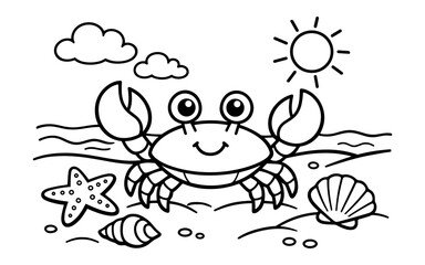Naklejka premium Cute cartoon crab on a sandy beach with seashells and sunshine