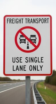 Freight Transport Prohibition Sign On Highway Use Single Lane Only Road Safety