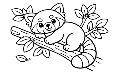 Fototapeta premium Cute cartoon red panda resting on a tree branch with leaves