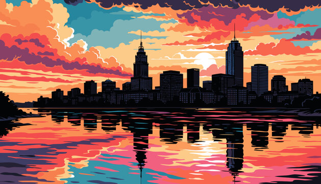Vibrant Sunset Over Distant City Skyline Reflected in Water in Pop Art Style Landscape boston skyline vector