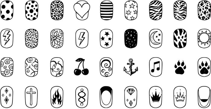 Nail Art Designs: A Diverse Set of Hand-Drawn Nail Decorations for Manicures and Fashion