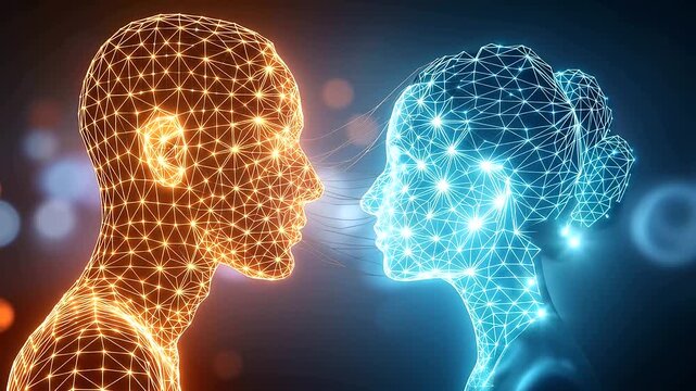 Souls united in cosmic love concept, faceless man and woman silhouette, defocused esoteric spiritual background, oneness connection harmony, relationship intimacy bonding energy,