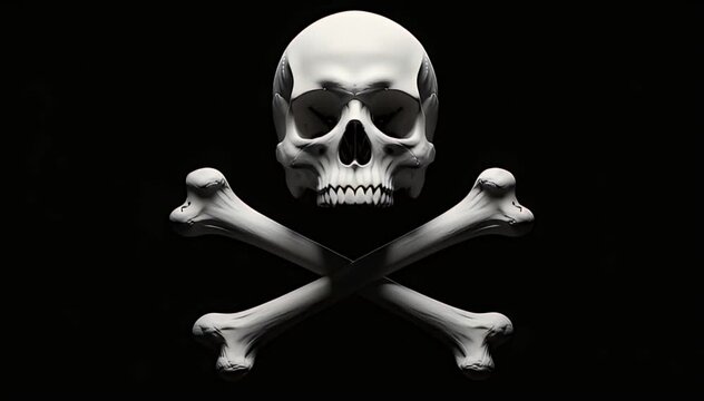 Stark white skull with dramatic shadows above two crossed bones, forming a potent symbol of danger, death, warning, pirates, and poison, isolated on a deep black background.