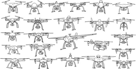 Naklejka premium Black and White Hand Drawn Drones and Quadcopters Set. Detailed Line Art Collection of Various Unmanned Aerial Vehicles (UAVs) for Technology and Innovation
