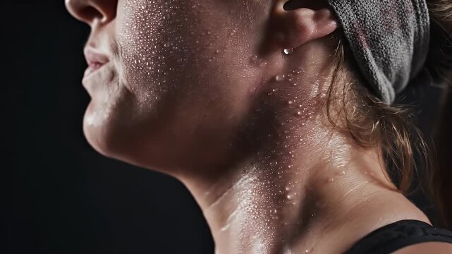Close up of a sweaty woman breathing heavily after a workout against a dark background.