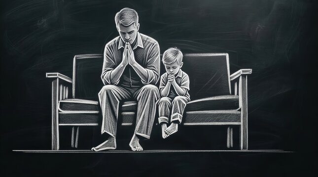 Father and Son Praying Together, Drawing on Blackboard Background.