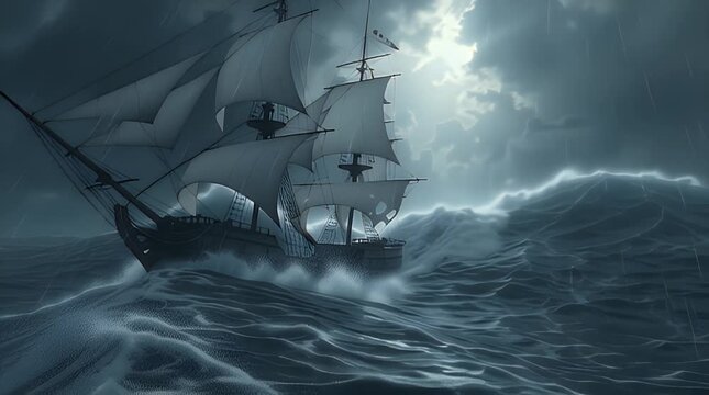 A majestic tall ship bravely battling towering waves and a tempestuous storm under a dramatic, foreboding sky, with light breaking through dark clouds.