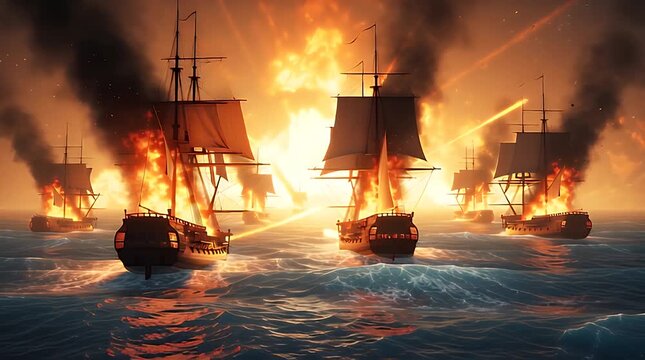 Dramatic scene of a historical naval battle with numerous sailing ships engulfed in intense flames and thick smoke on the rough open sea during a devastating maritime war.