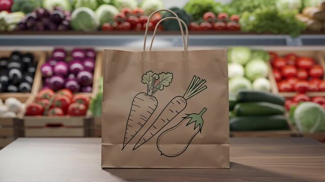 shopping bag on a table against the background of a market with fresh vegetables