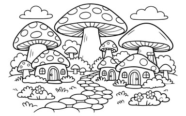 Naklejka premium Whimsical mushroom houses with a stone path and clouds in a fantasy landscape