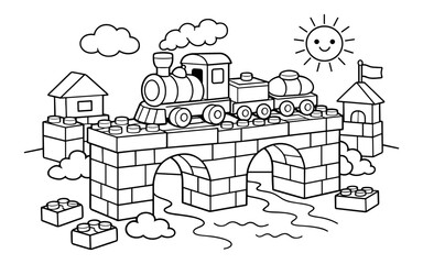 Naklejka premium Children's coloring page featuring a toy train crossing a bridge made of building blocks