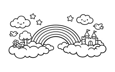 Naklejka premium Whimsical cartoon rainbow with castle, clouds, birds, and stars