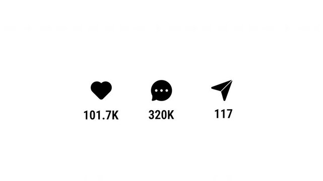 Social network engagement animation increasing likes comments reposts icons statistics counter numbers digital media