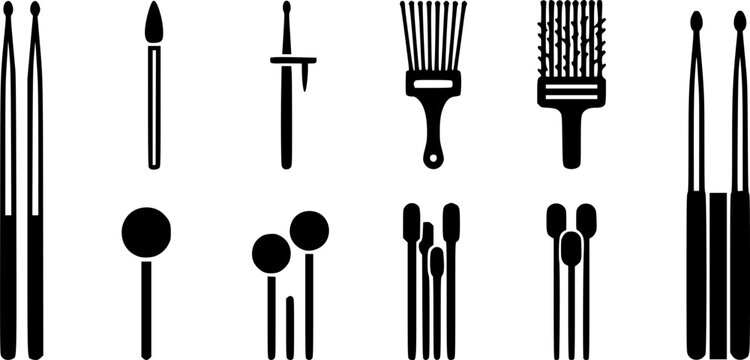 Drumsticks Icon Set. Solid, filled icon set of drumsticks types: wooden drumsticks, nylon tip sticks, brush sticks, mallets, rods, marching sticks, jazz