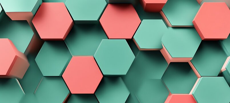 A visually appealing 3D rendering featuring red and green hexagons arranged in a seamless pattern