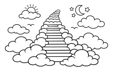 Obraz premium Stairway to heaven illustration with clouds, sun, moon, and stars