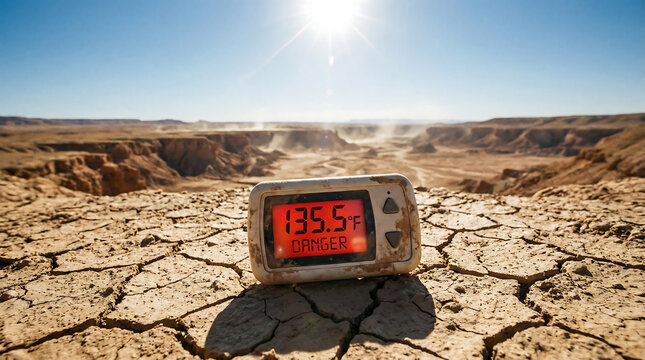 Digital thermometer displays extreme 135.5F heat warning in a cracked desert landscape under bright sun