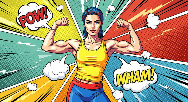 Strong woman flexing her muscles in a comic book style illustration