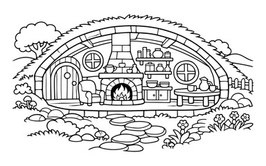 Fototapeta premium Cozy hobbit hole interior with fireplace and round door, a charming dwelling