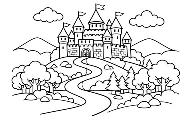 Naklejka premium Whimsical cartoon castle on a hill with a winding road and trees
