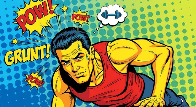 A pop art style illustration of a man during a push-up with comic book speech bubbles. The man is wearing a red tank top, a thought bubble above his head showing a dumbbell.