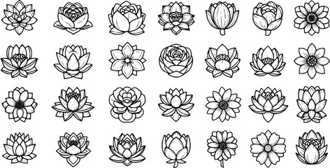 Obraz premium Elegant Black and White Outline Lotus Flower Vector Set for Nature, Spirituality, and Floral Design