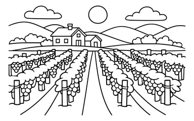 Naklejka premium Vineyard landscape with house and rolling hills under a sunny sky