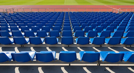 Fototapeta premium a large empty stadium with blue seats and a green field empty stadium blue seats green field sports