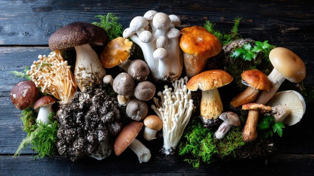 Variety of fresh forest mushrooms displayed on wooden surface with green moss. Rich assortment of edible fungi. Autumn harvest, organic food and gourmet cooking concept