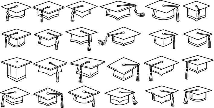 Black and White Line Art Graduation Caps Collection, Education and Study Concept