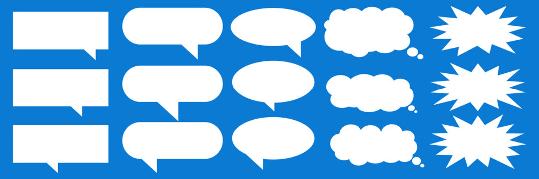 A set of chat box designs for comments on social media or comics. Vector designs of speech bubbles, text boxes, and conversation chat columns in comics.	