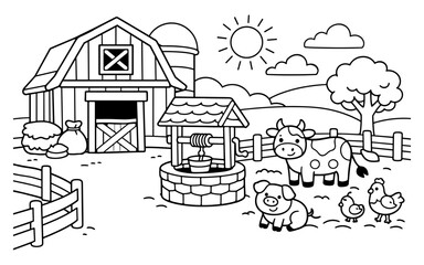 Naklejka premium Cute cartoon farm scene with barn, animals, and a well under a sunny sky
