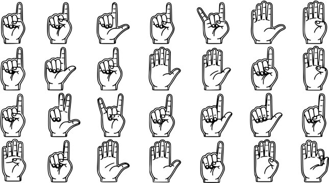 Black and White Line Art Vector Hands for Education and Communication: Counting Numbers 1-5, Peace, Rock-and-Roll, and Other Hand Gestures.