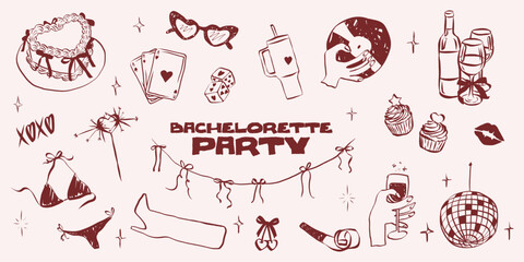 Birthday celebration doodle set with party hats, gifts and champagne. Hand sketched festive icons perfect for greeting cards, vintage invitations and fun event designs. Outline whimsical symbols © Olga Rai